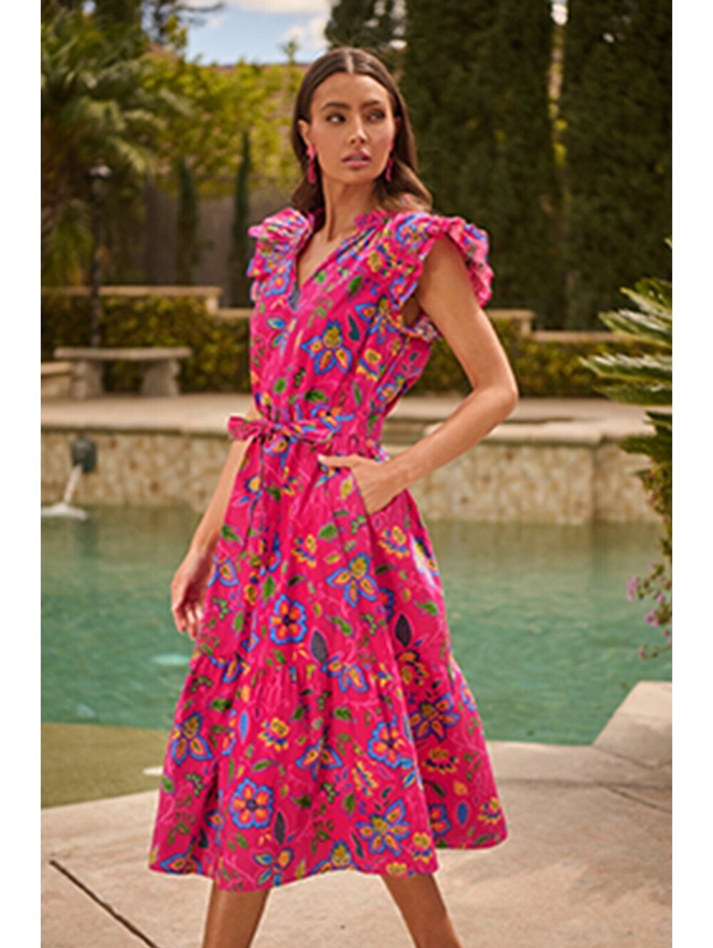 Pink Floral Midi Dress with Ruffle Sleeves and Waist Tie